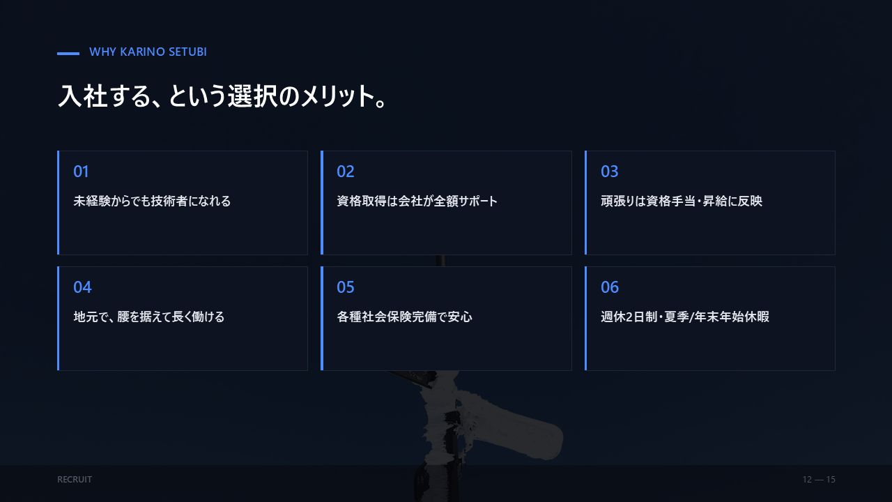 会社PR 12/15：入社するメリット6つ。未経験から技術者に、資格取得を全額サポート、地元で長く働ける