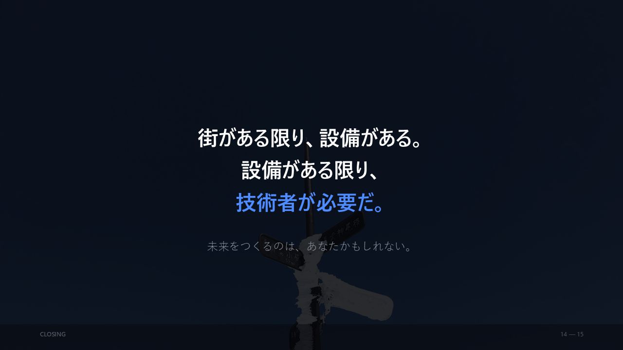 会社PR 14/15：街がある限り設備がある。設備がある限り、技術者が必要だ